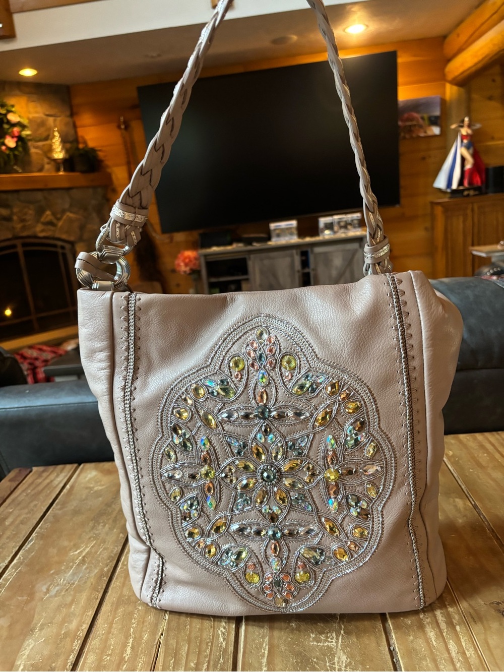 Brighton Anju Taupe Shoulder Bag with Multicolor Gem Accents new with tags